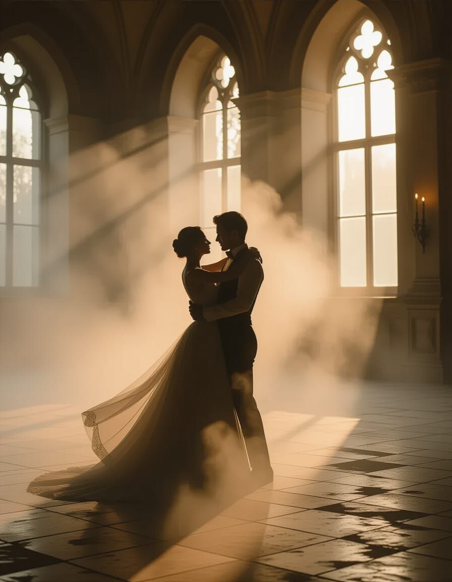 Silhouette Dancers Waltz in Gothic Ballroom