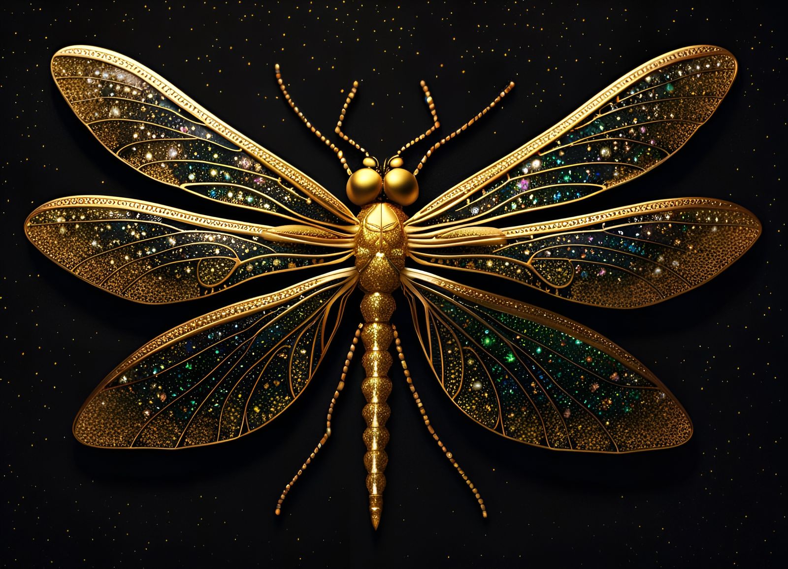 Gilded Luminescence: The Galactic Shimmer of the Six-Winged Dragonfly