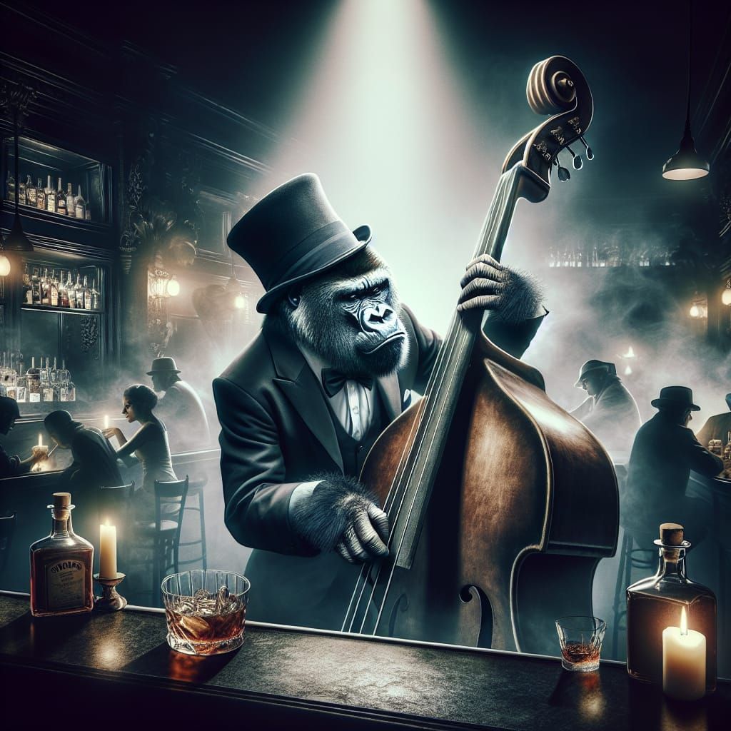 Gorilla playing double-bass in smoky jazz bar