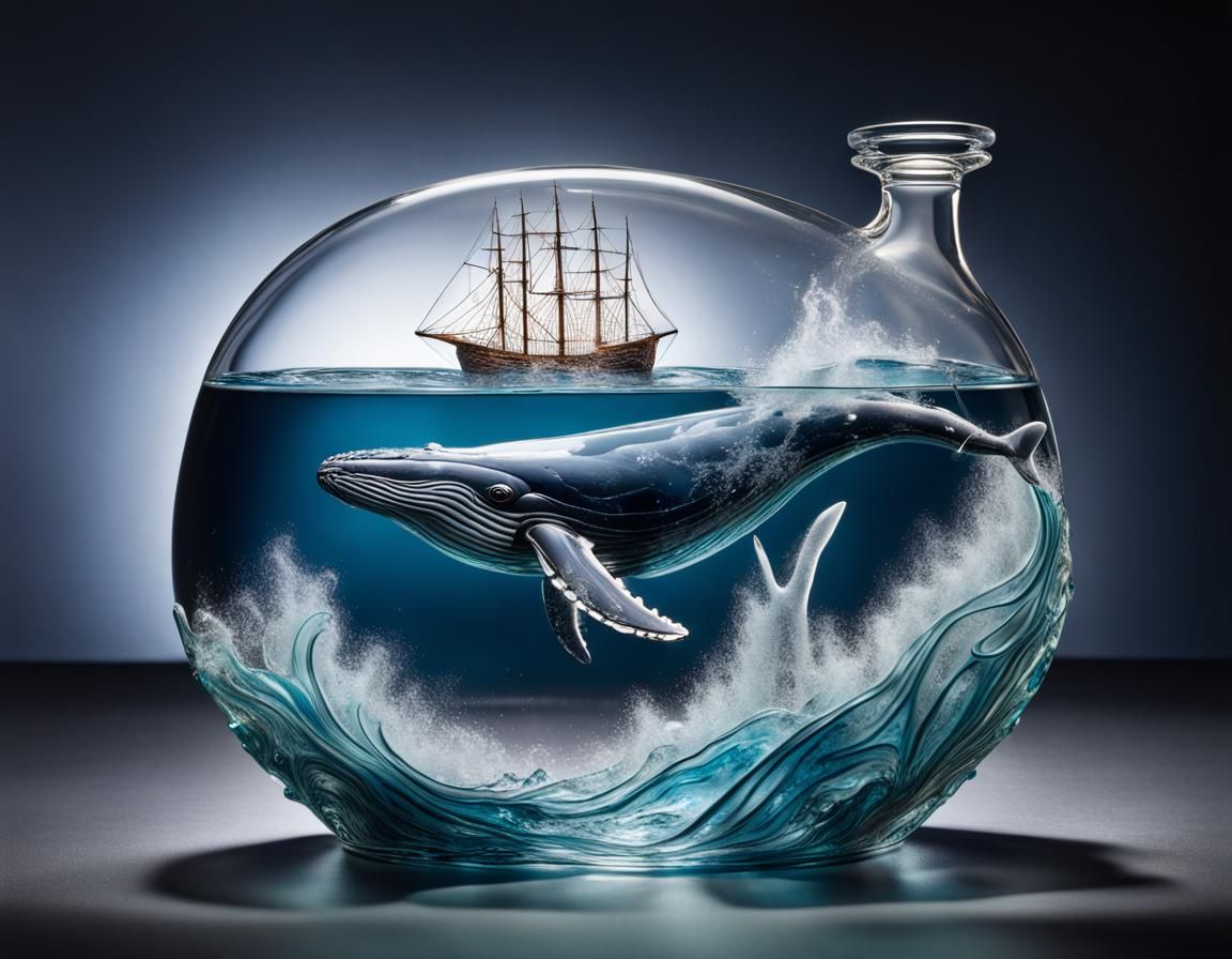 Crystal Whale Sculpture with Glass Sea Storm