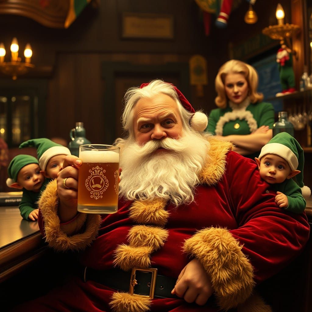 Disheveled Santa Claus at a Bar, Surrounded by Elves and Mrs...