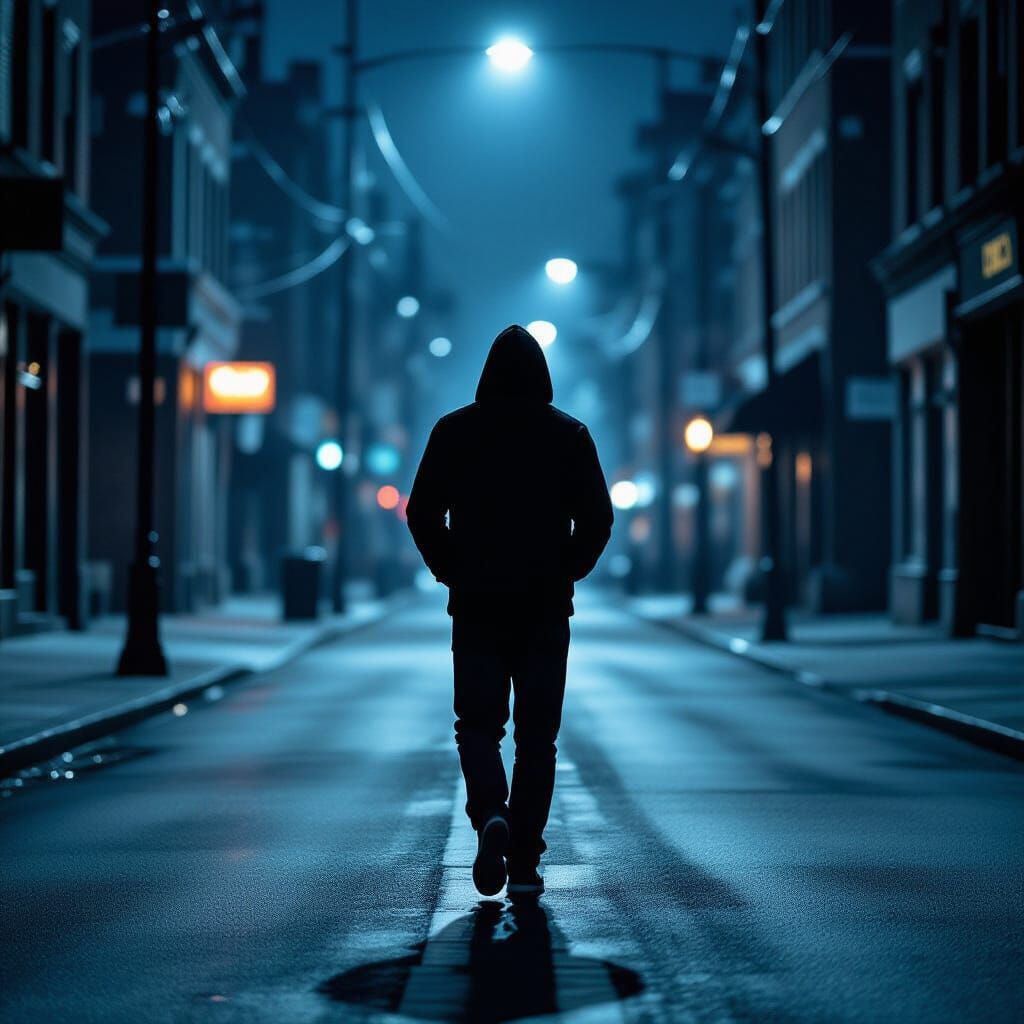 Man in Black Hoodie on Moonlit Street, Film Noir Style