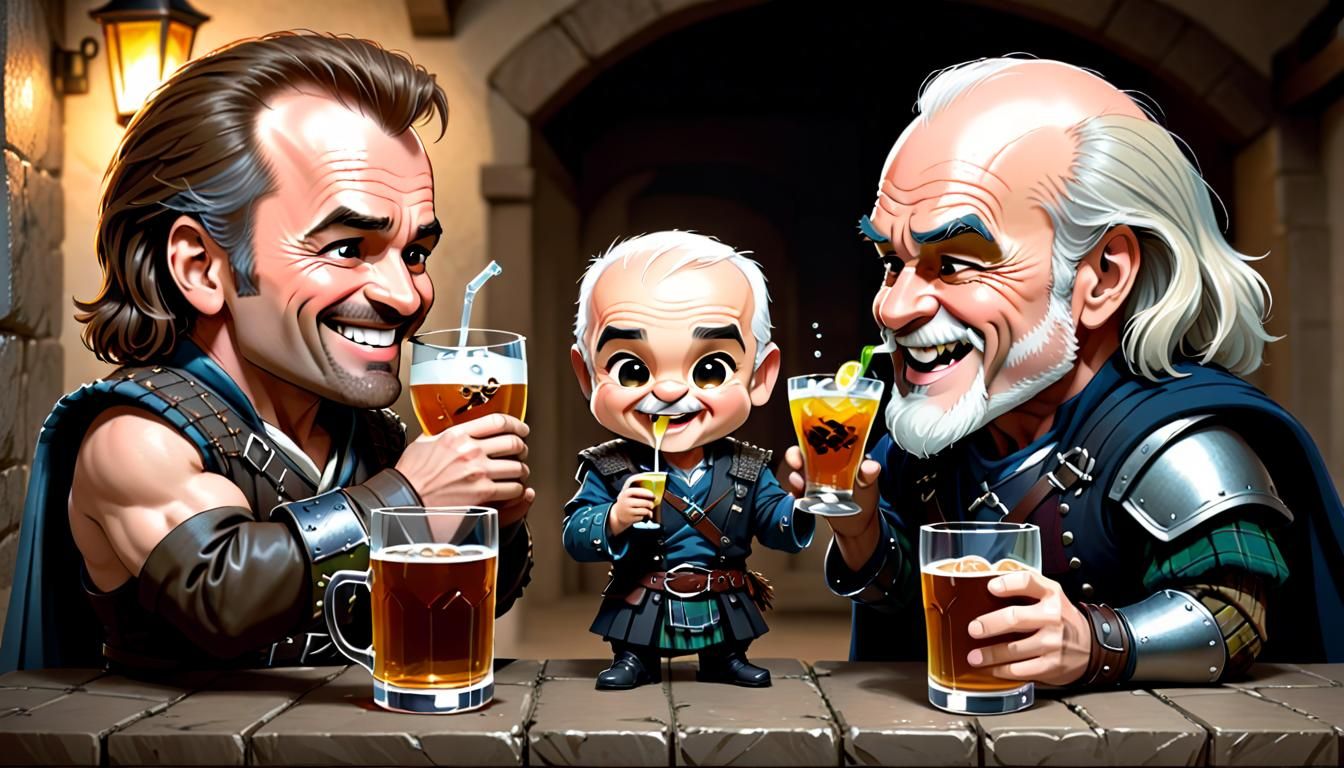 Chibi Highlander Characters Enjoying Drinks