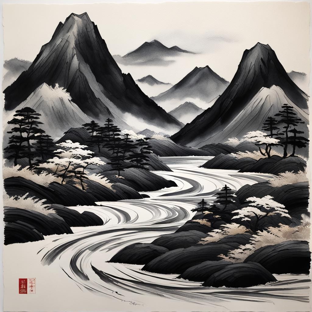 Minimalist Japanese Ink Wash Painting on Washi Paper