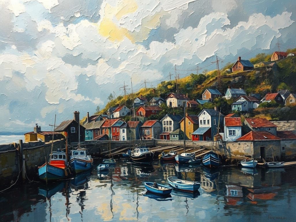 Vibrant Neo-Expressionist Fishing Village Oil Painting
