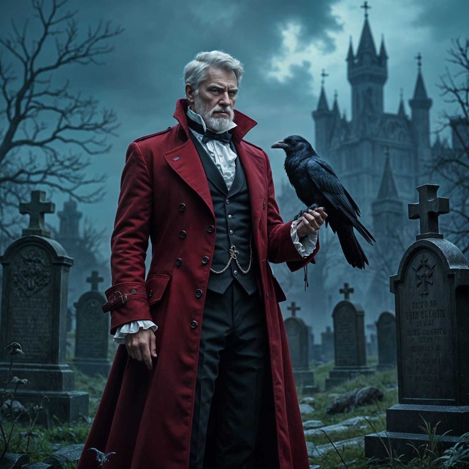 Victorian Man with Raven in Stormy Graveyard