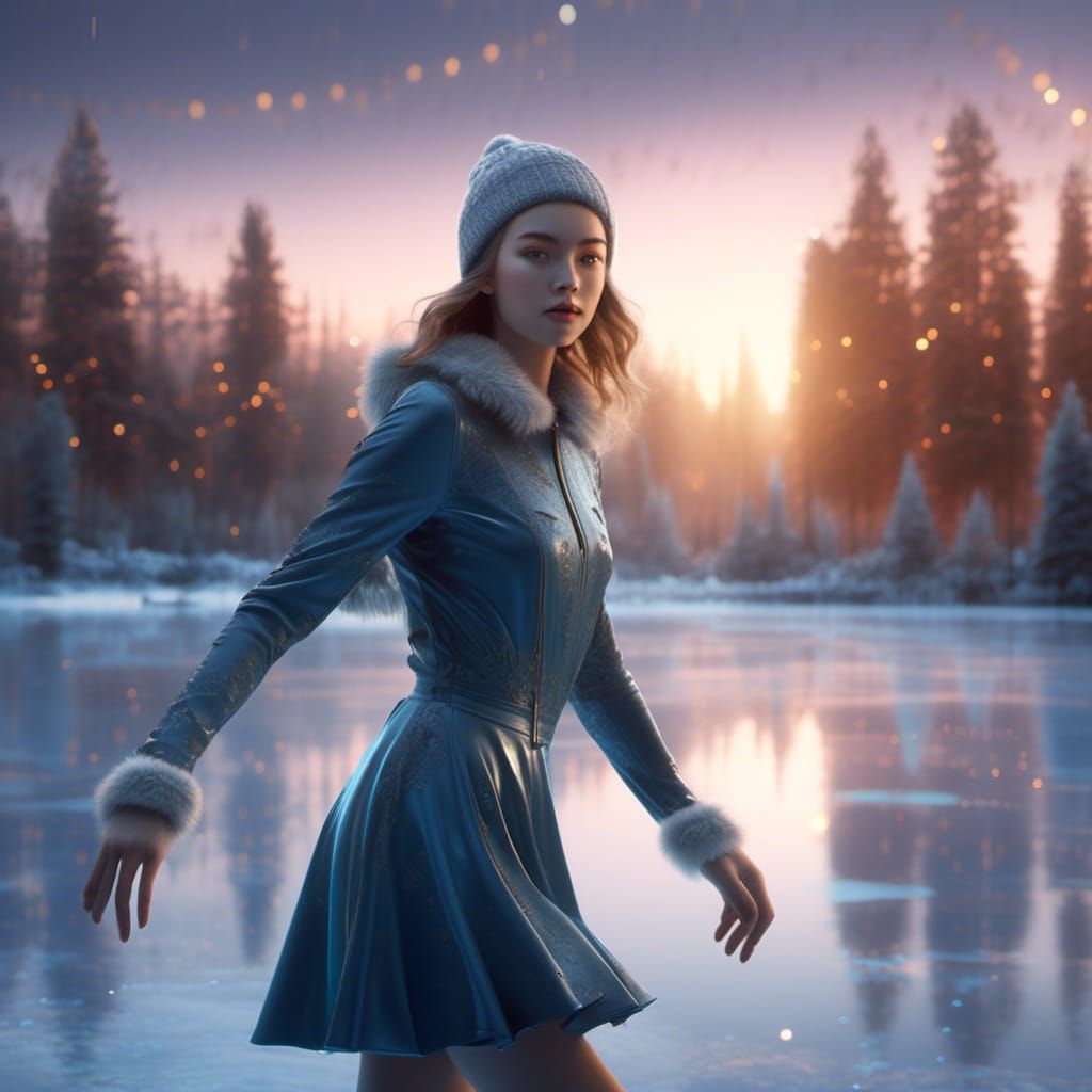 Woman Ice Skating on Forest Pond at Twilight