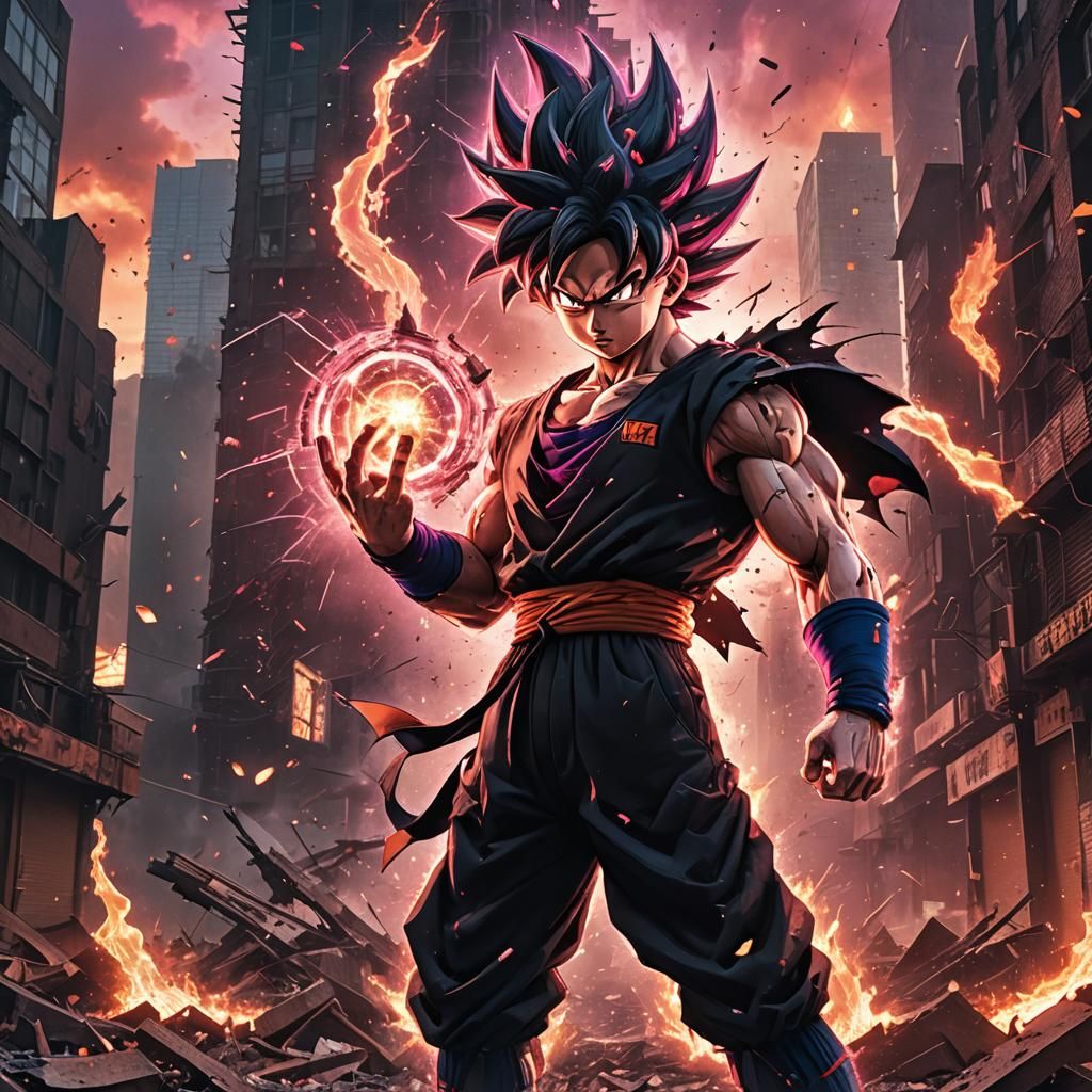 Goku Black Super Saiyan Rose in Fiery Cityscape