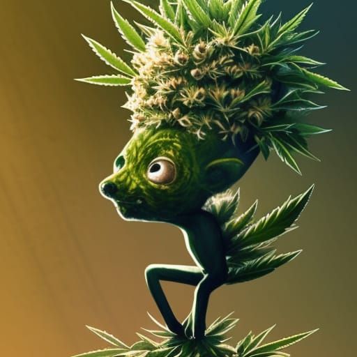 Hemp Creature with Cannabis Bloom Head in Chibi Style