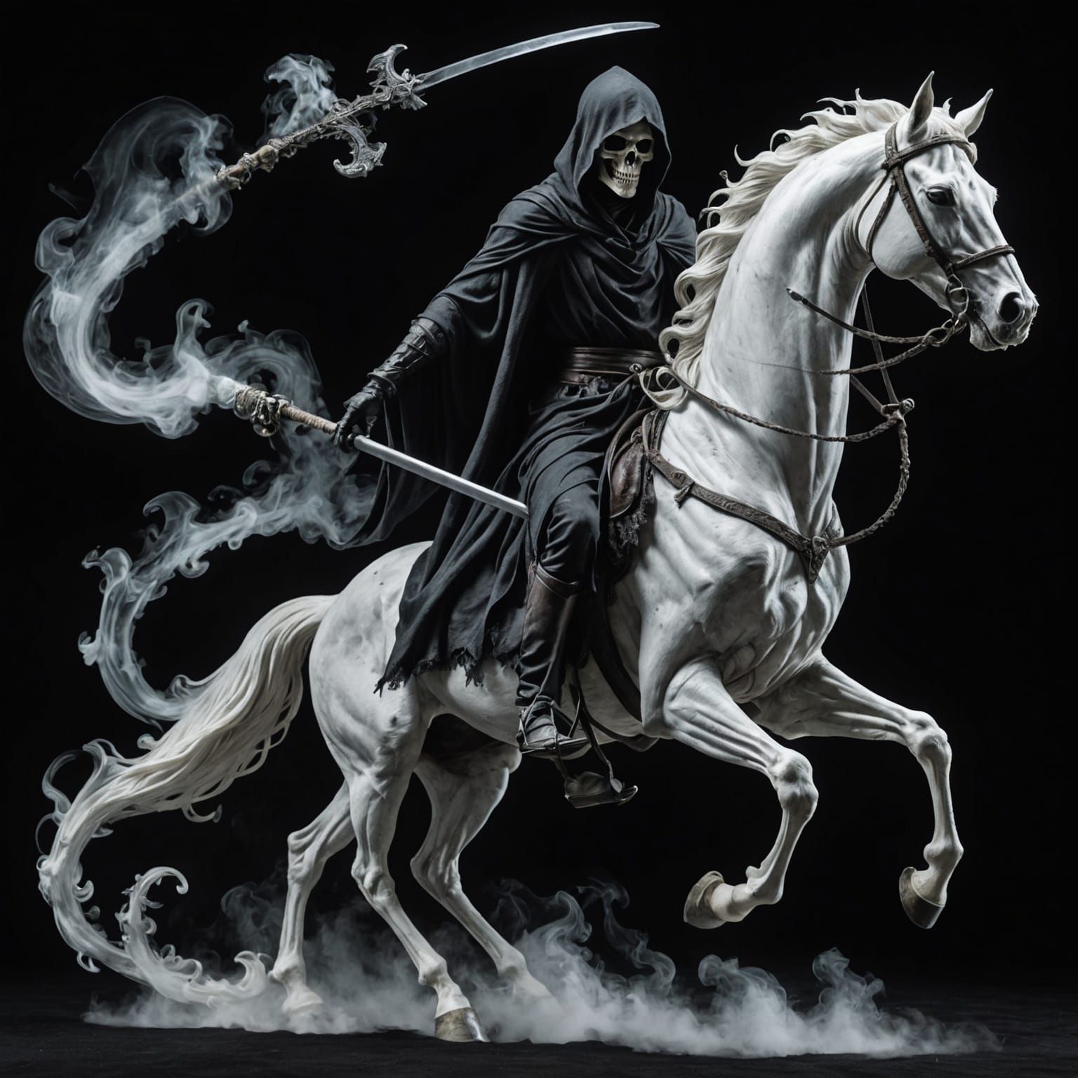 Ethereal Grim Reaper Rides a Skeletal Horse