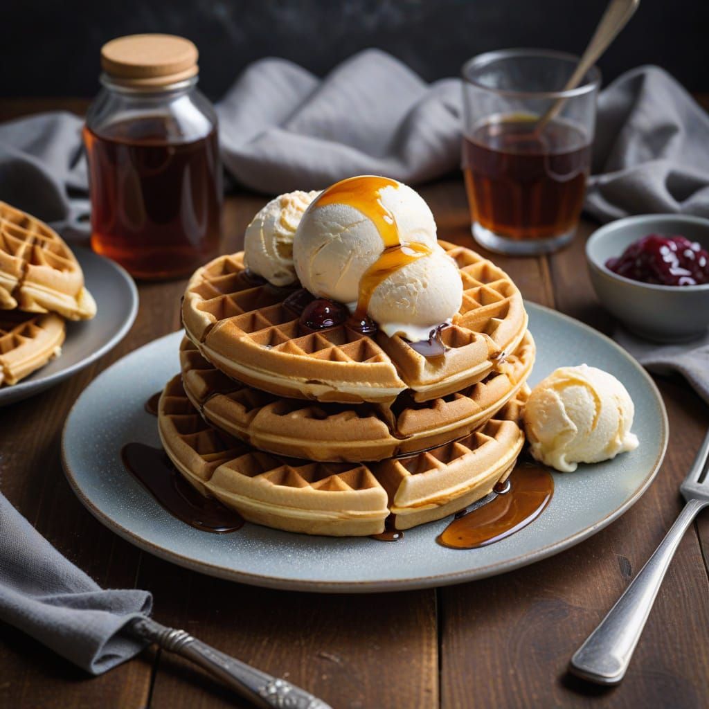 Delicious Waffles with Maple Syrup and Ice Cream