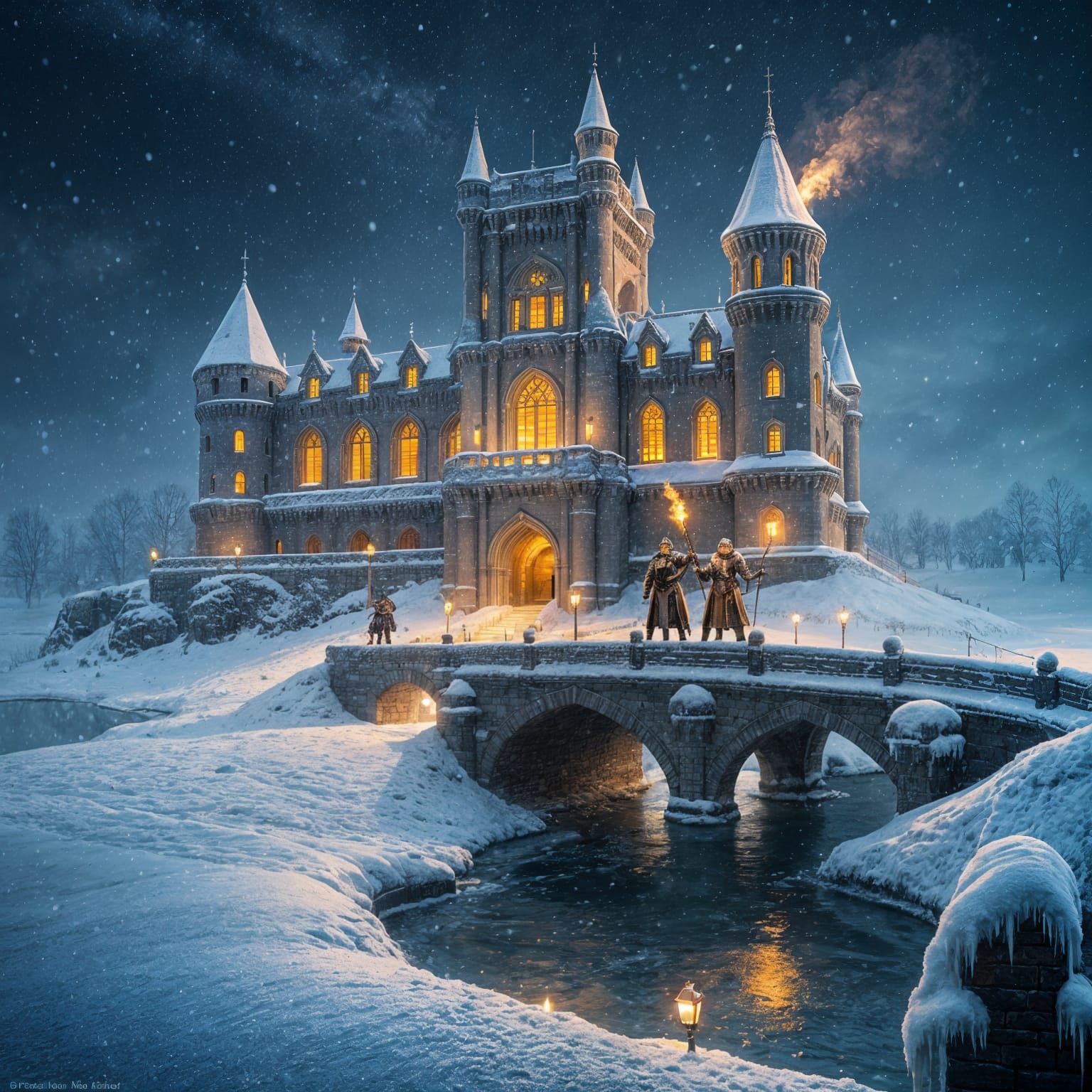 Winter Castle at Night with Knights in Yellow Armor