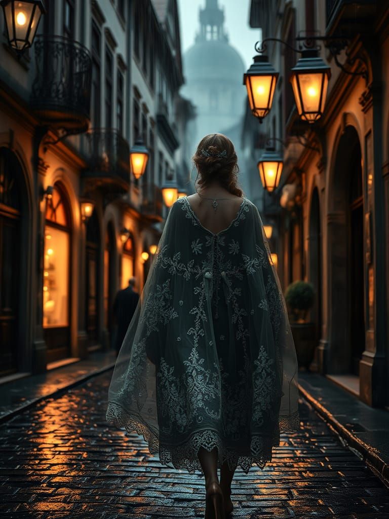Woman in Cape on Rainy Street, Hyperrealistic Style