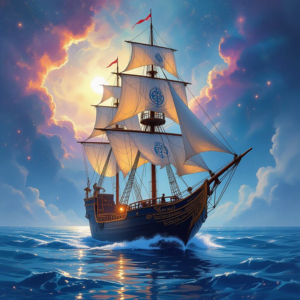 Cosmic Sailing Ship Through Nebulae in Luminous Watercolor S...