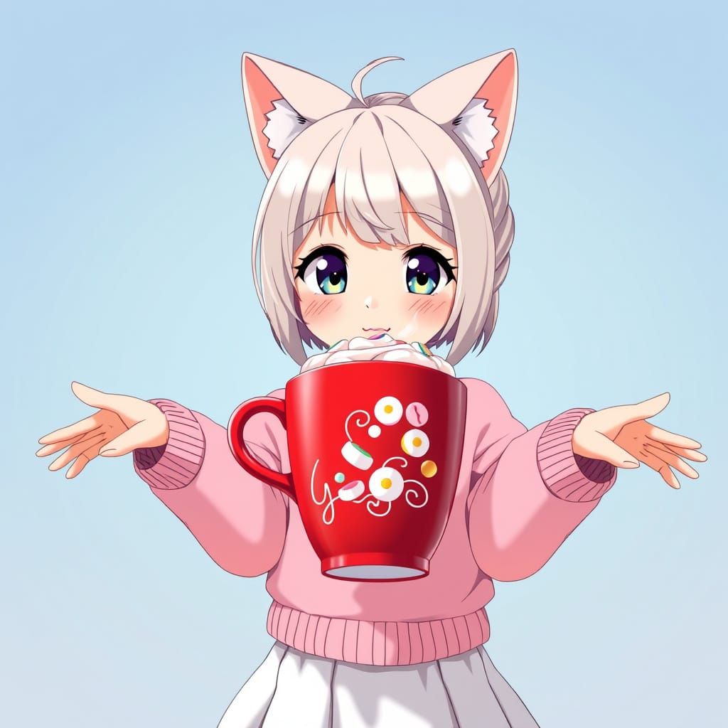Cute Anime Girl Holds Coffee with Marshmallows in a Vibrant ...