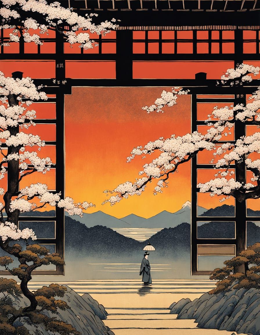 Surreal Blossom Tree in Vibrant Sunset Oil Painting Style