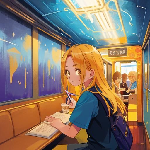 Pensive Blonde Girl in Train Car: Hyperrealistic Art