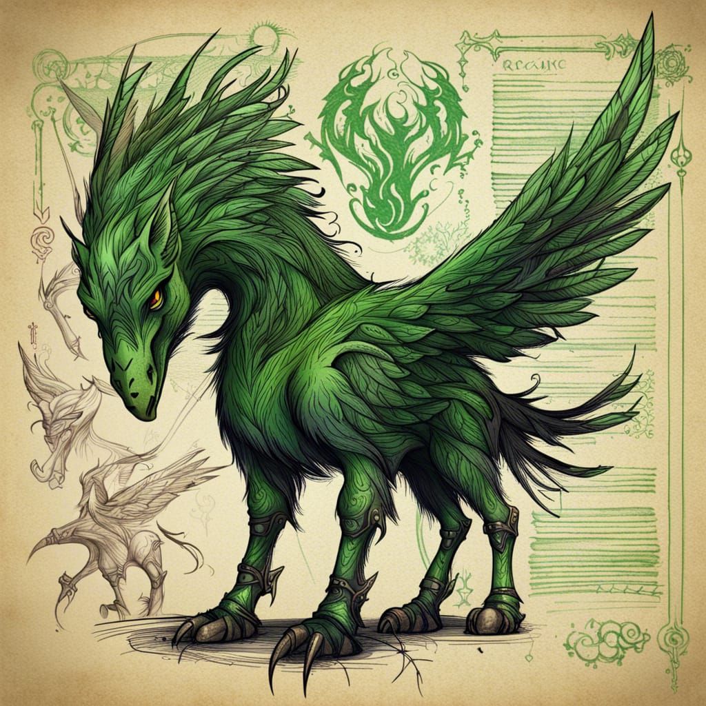 Gritty Sketch of a Green Hippogriff Character