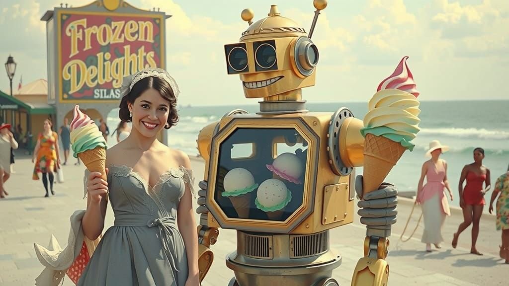 Victorian Women and Robot Enjoying Seaside Treats