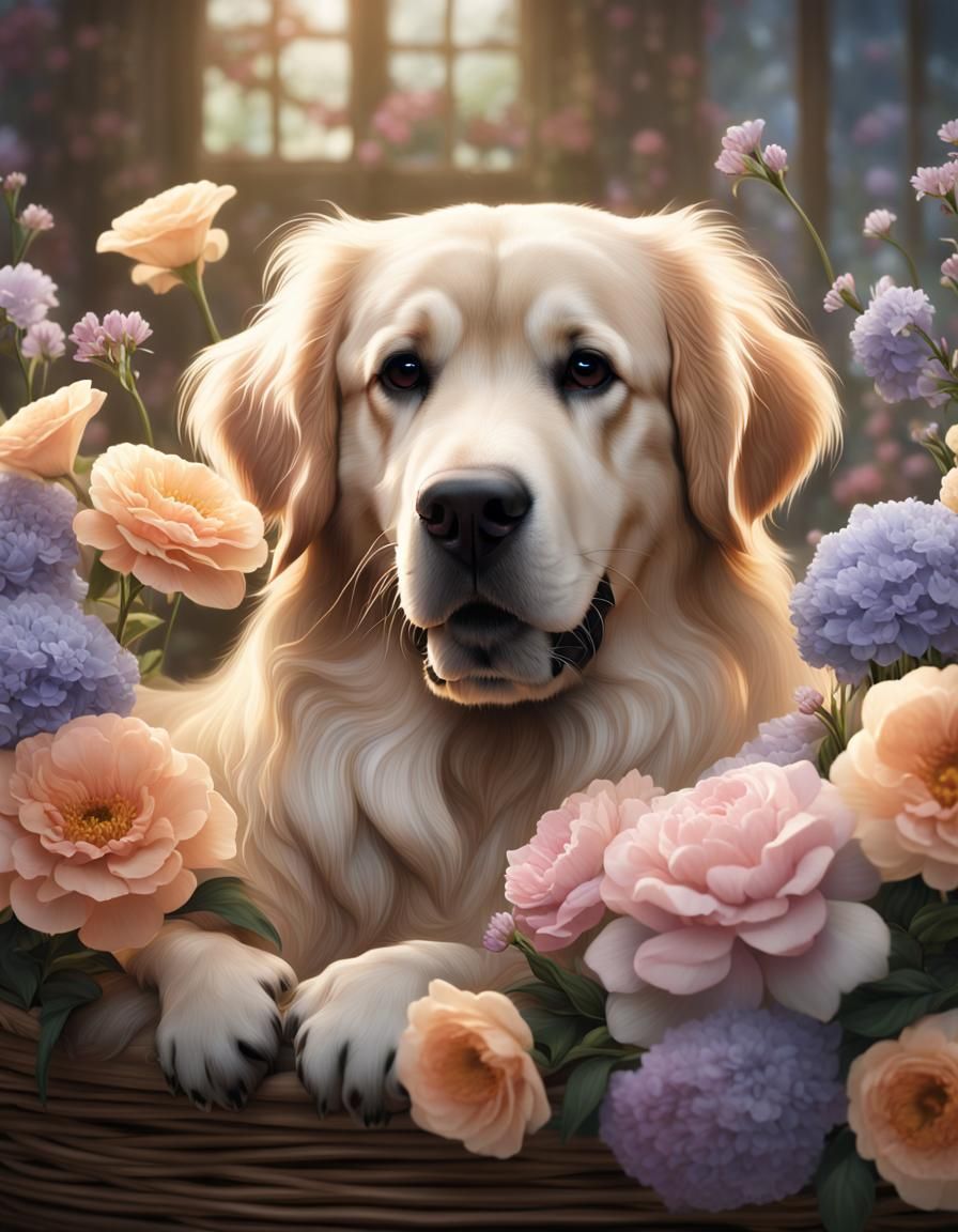 Golden Retriever with Flowers: Fantasy Concept Art