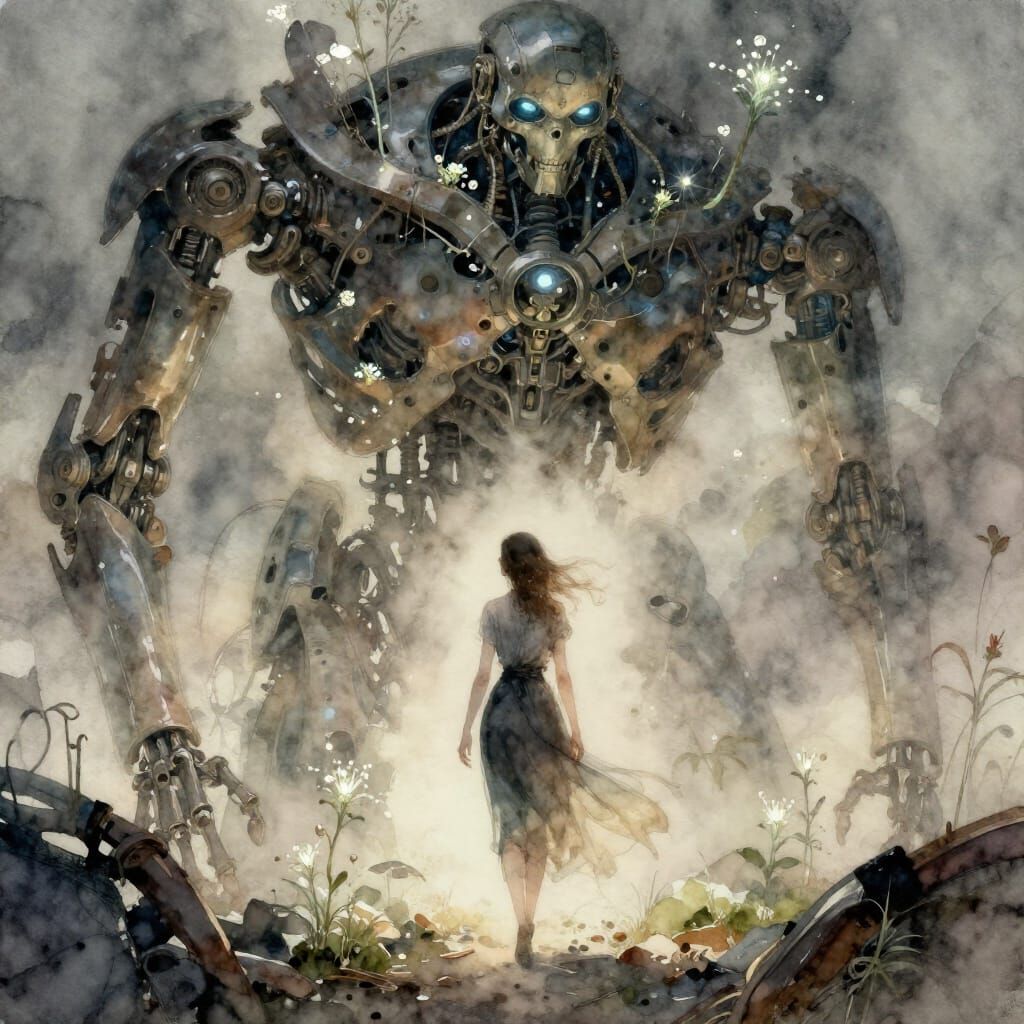 Spectral Woman in Ancient Automaton Ruins, Watercolor Concep...