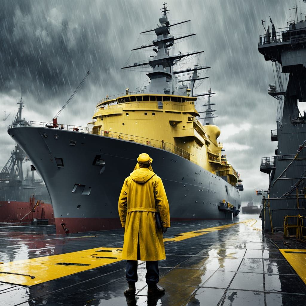 Naval Frigate at Shipyard on Stormy Day