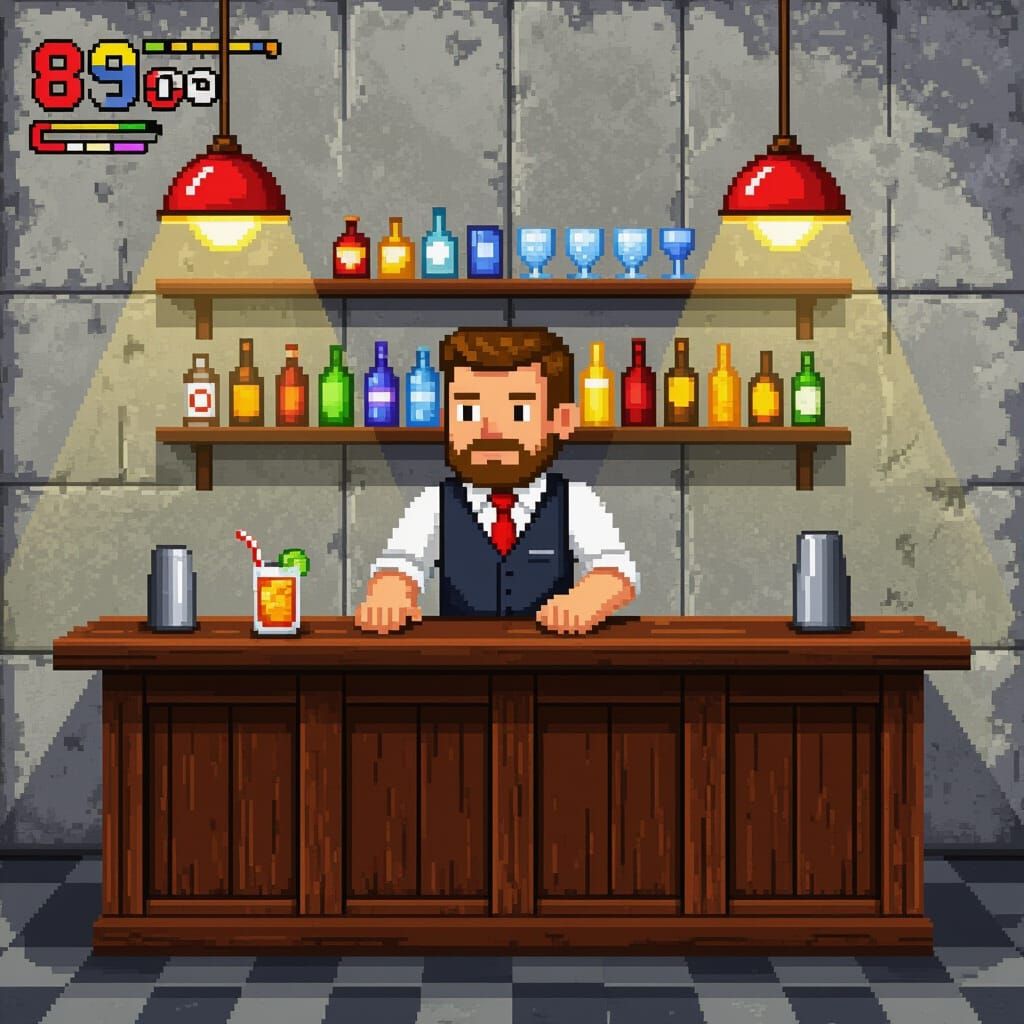 Retro Bartender in 8-Bit Pixel Art Style