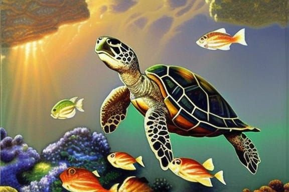 Underwater Turtle in Coral Reef: Oil Painting