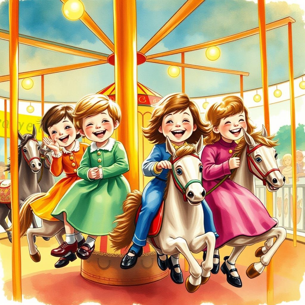 Children's Whimsical Circus Merry-Go-Round in Watercolor Sty...