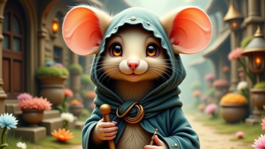Disheveled Mouse Monk in Fantasy Village Market