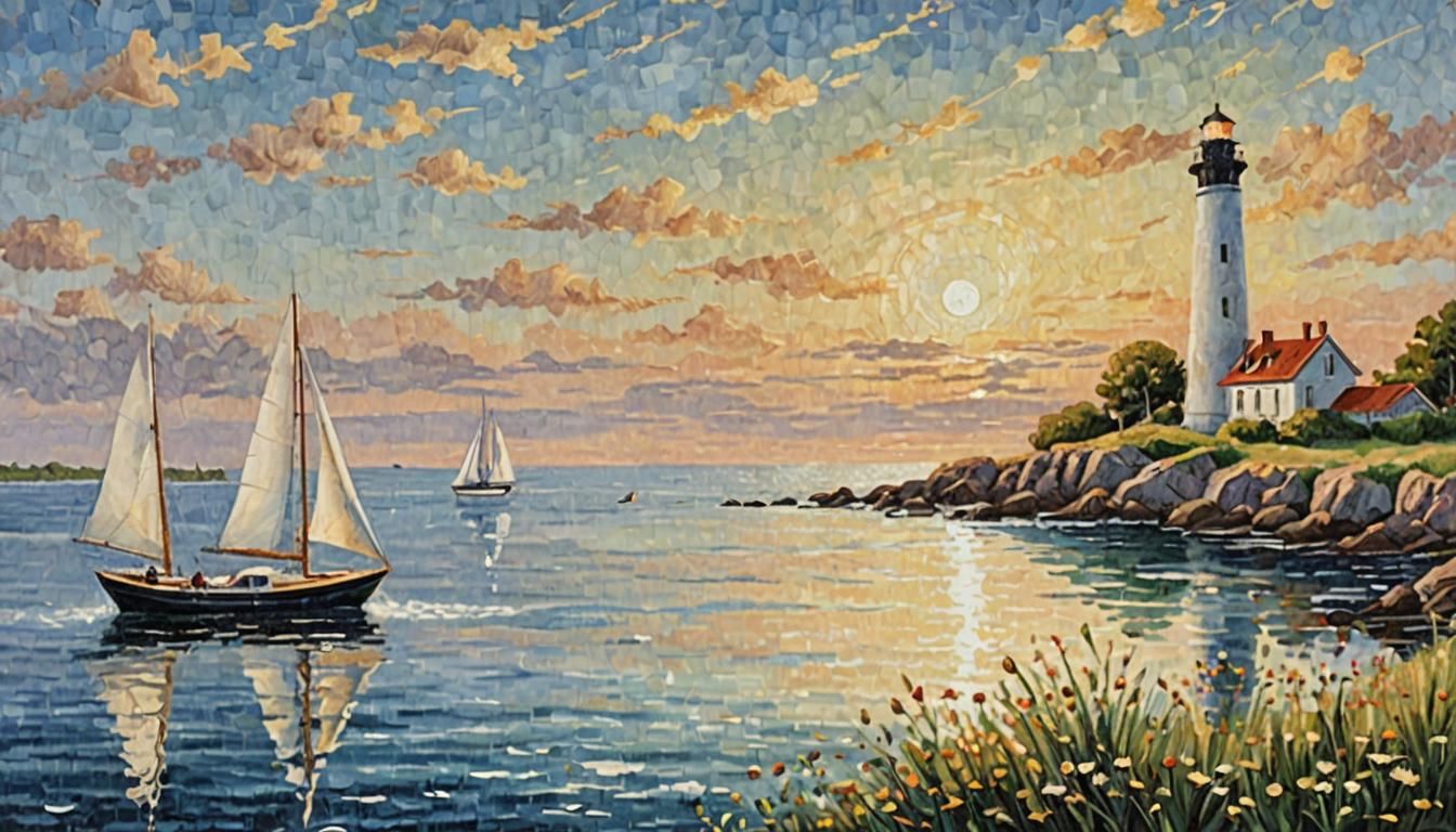 Impressionist Sailboat and Lighthouse at Sunset