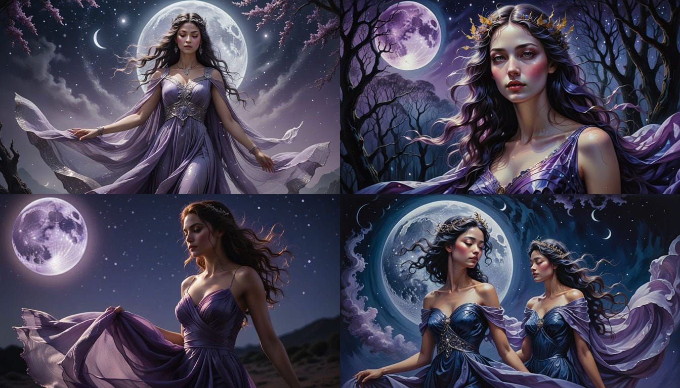 Goddess in Sorrow Shedding Violet Dress Under Moonlight