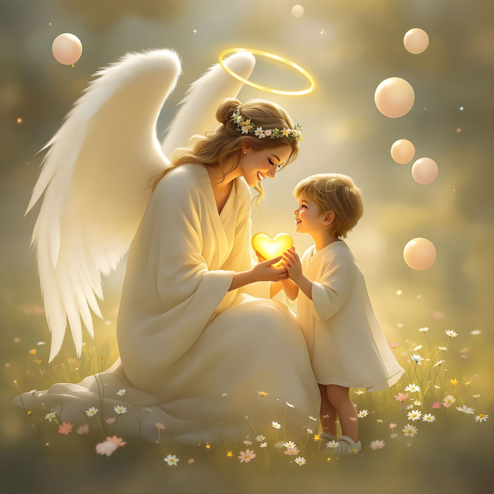 Gentle Guardian Angel with Child in Painterly Style