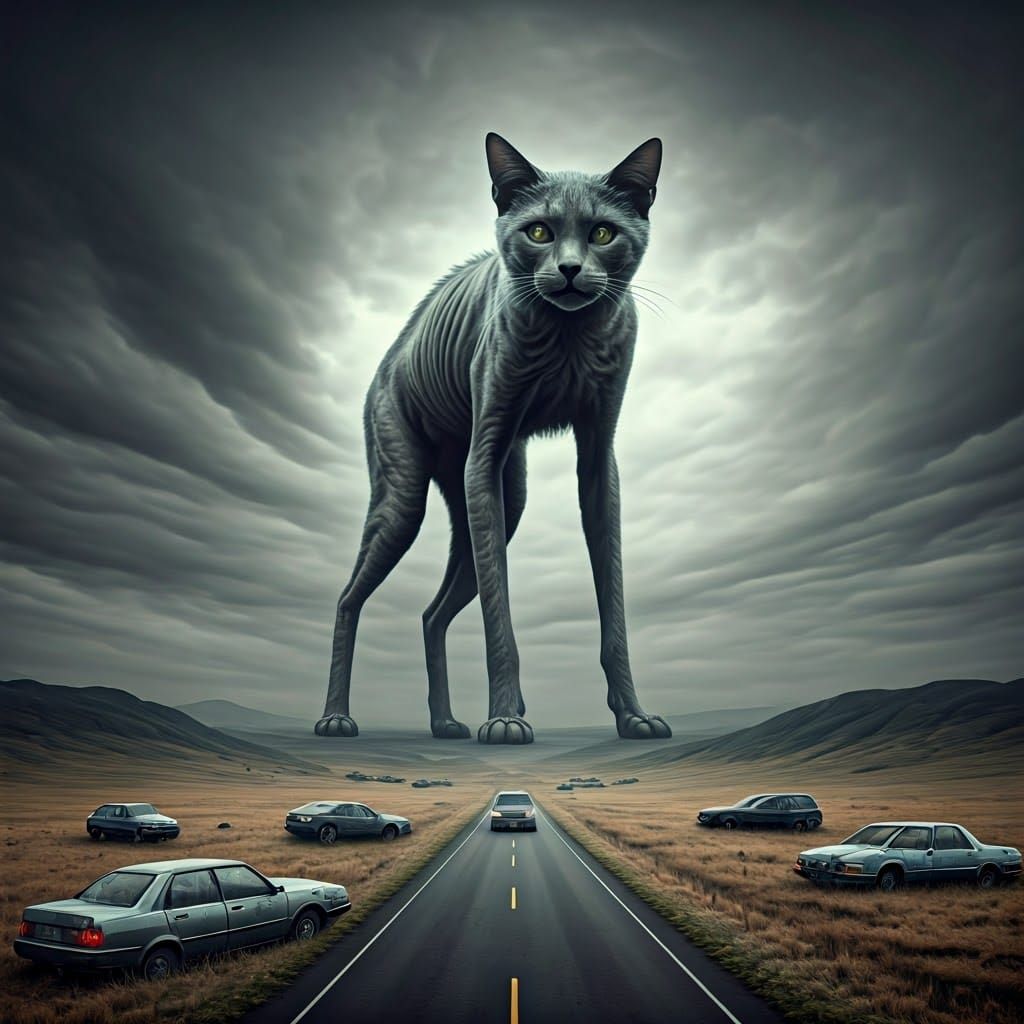 Gigantic Grey Cat in Desolate Landscape