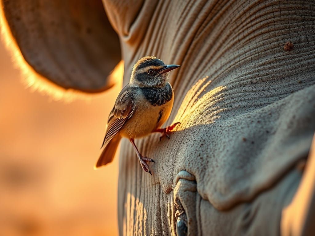 Safari Dawn: Tickbird Perches on Rhinoceros Ear