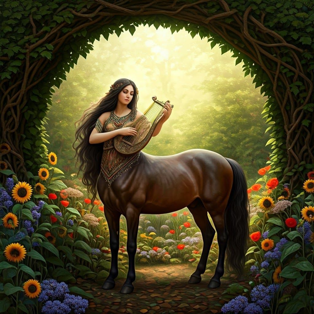 Depict a serene female centaur of unspecified descent, dressed in an ankle-length tunic with complex curvilinear embroid...