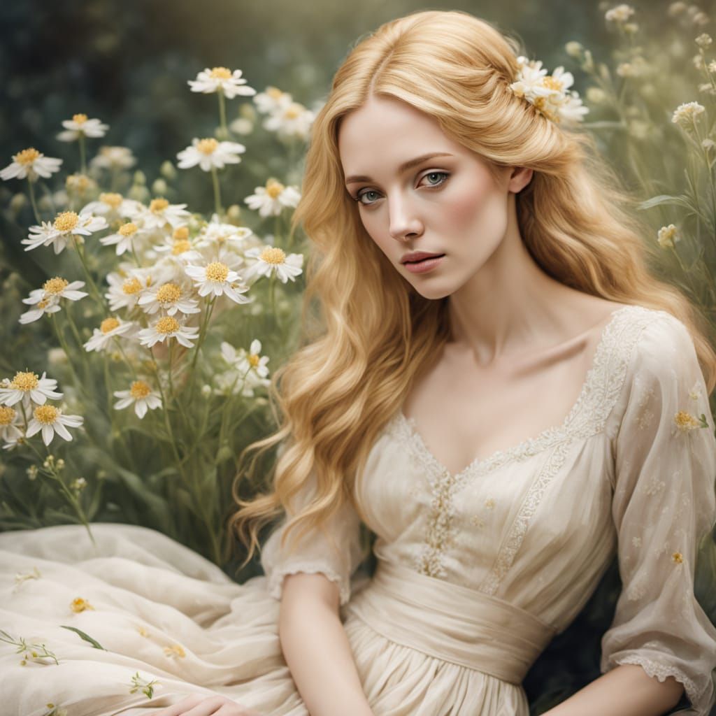Honey-Blonde Woman with Wildflowers in Pre-Raphaelite Style