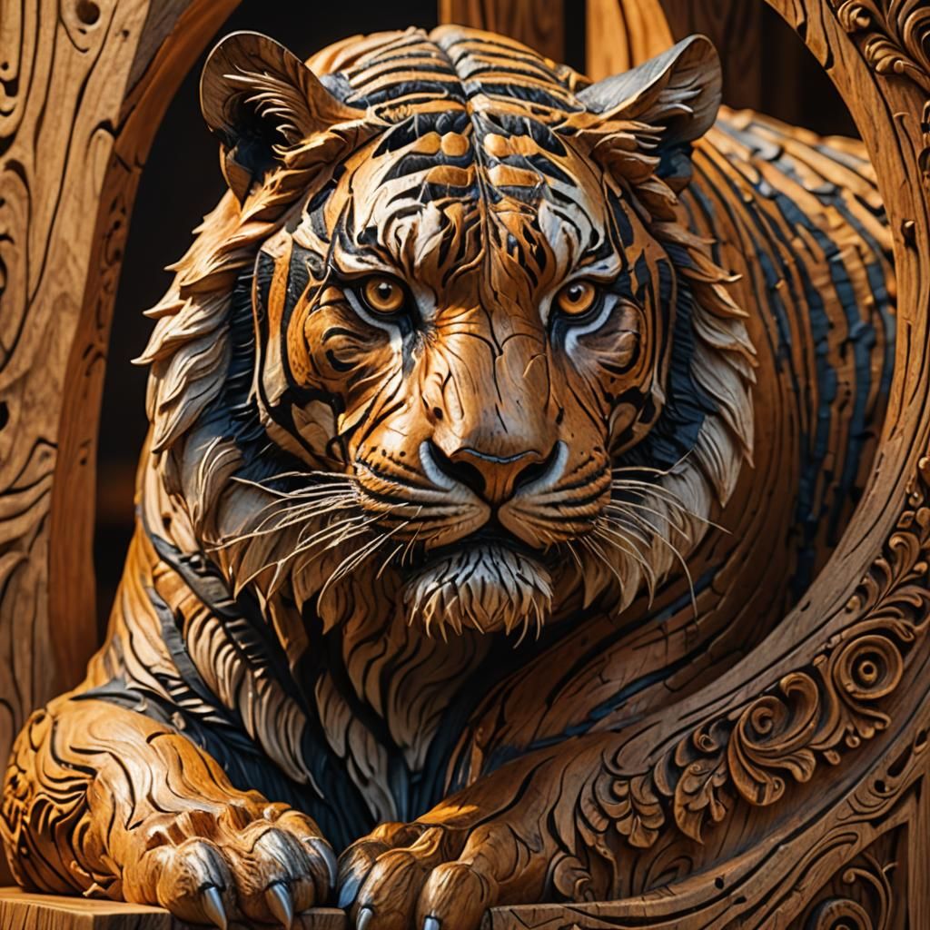 Majestic Tiger Emerges: Wooden Carving Sculpture