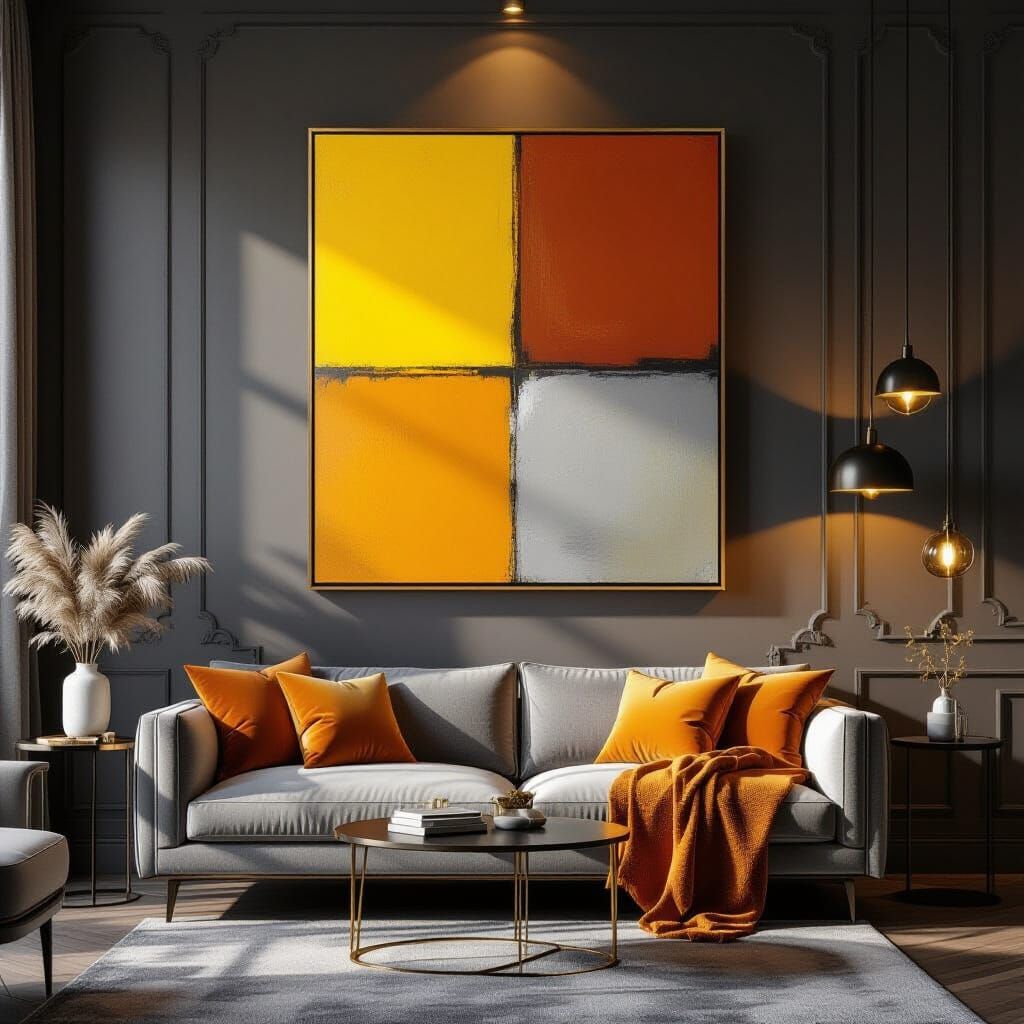 Abstract Painting in Yellow, Grey, and Orange in Luxurious R...
