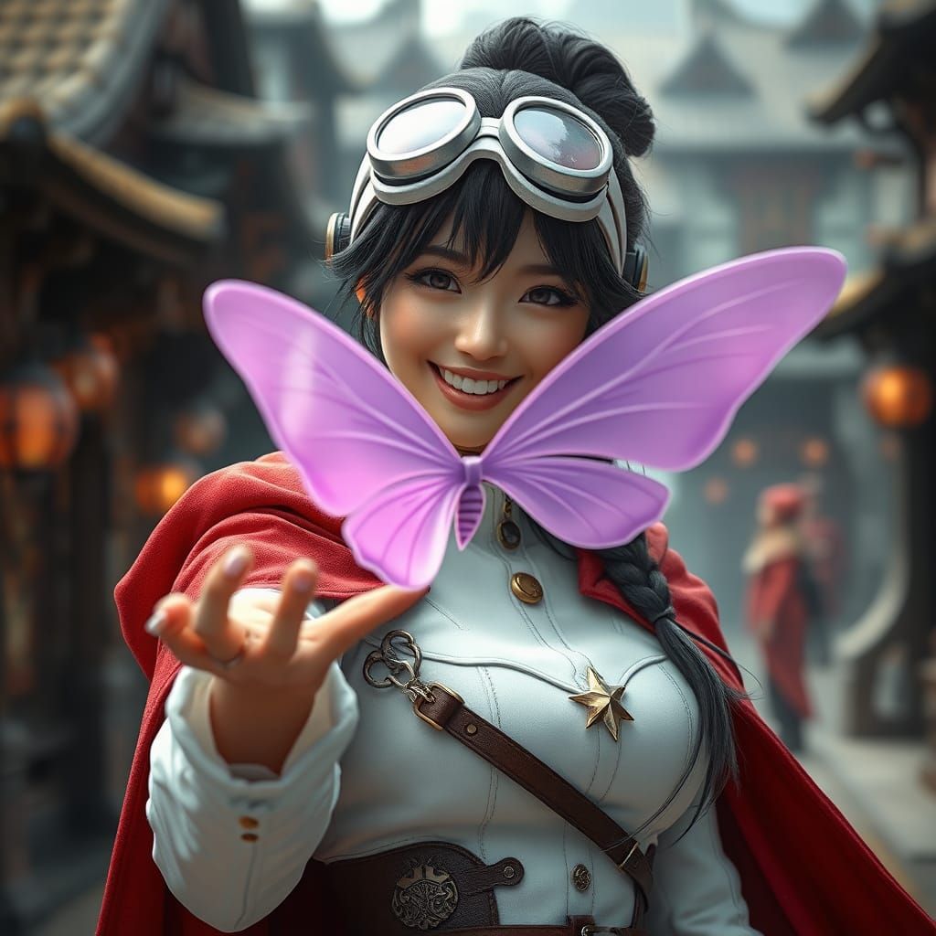 Steampunk Asian Woman with Butterfly Wing, 3D Anime Art