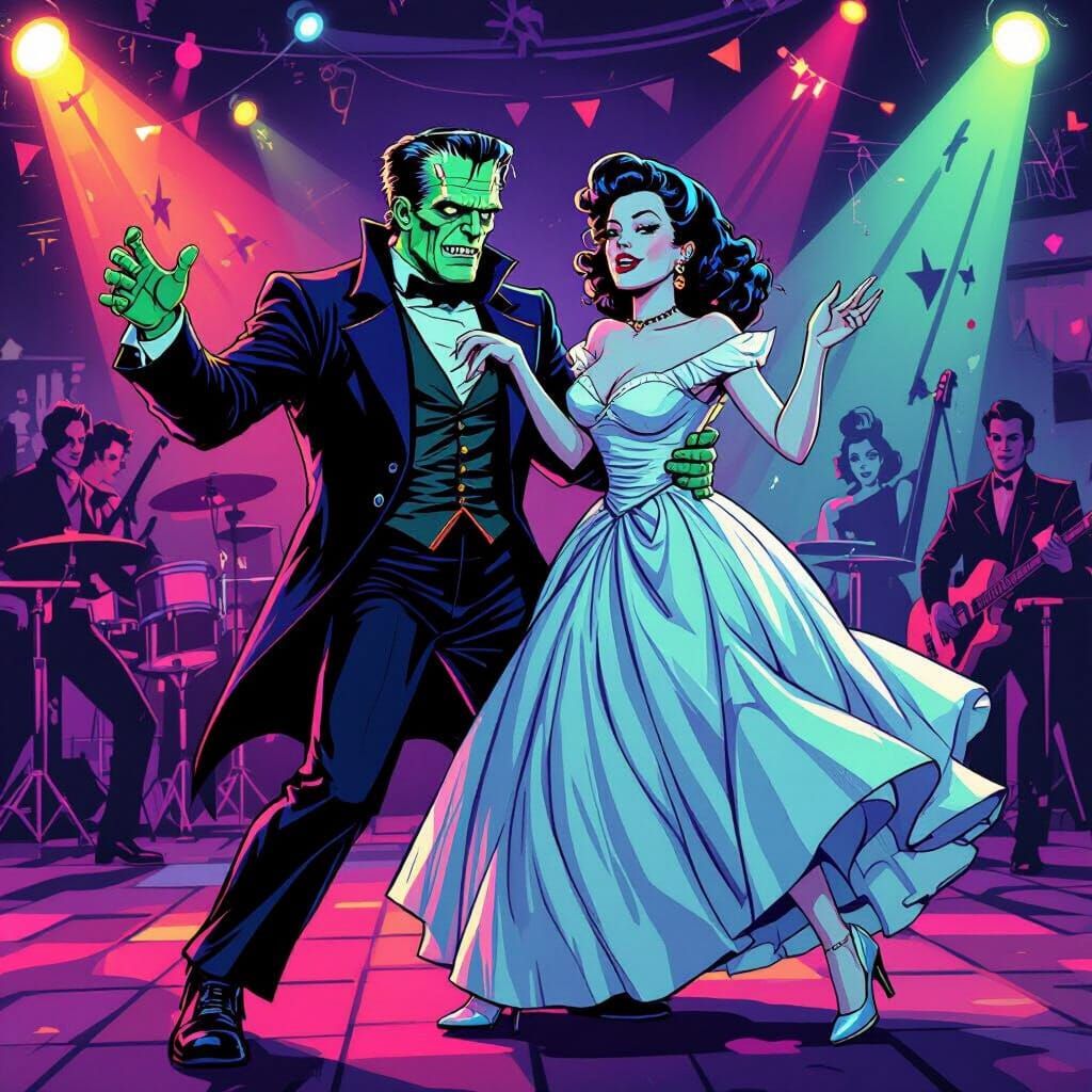 Frankenstein and Bride Dance at 1950s Rock Party