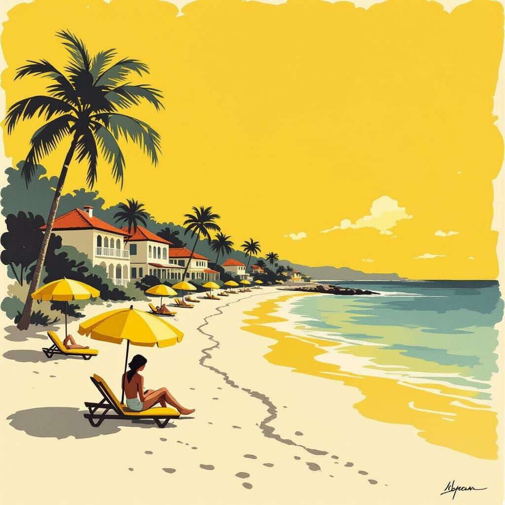 Yellow Beach Resort in Ink Wash Style