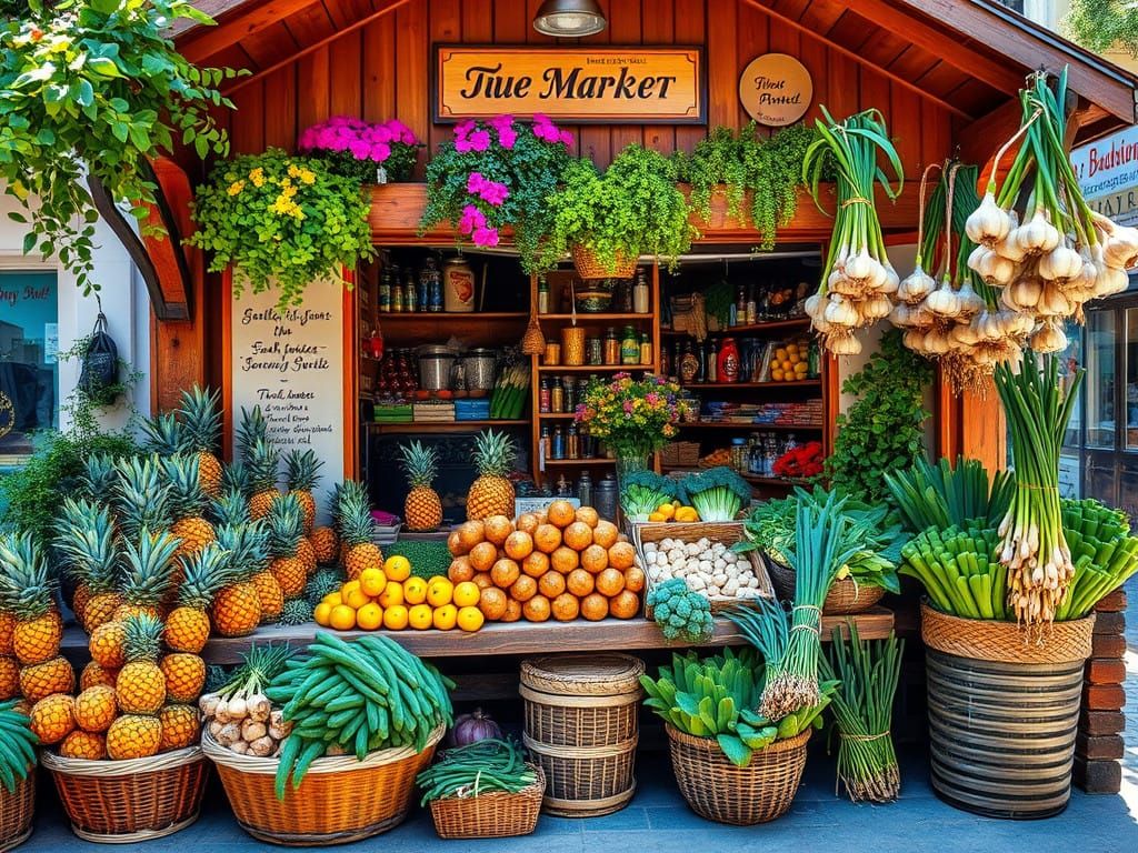 Quaint Village Market with Fresh Produce and Vibrant Flowers