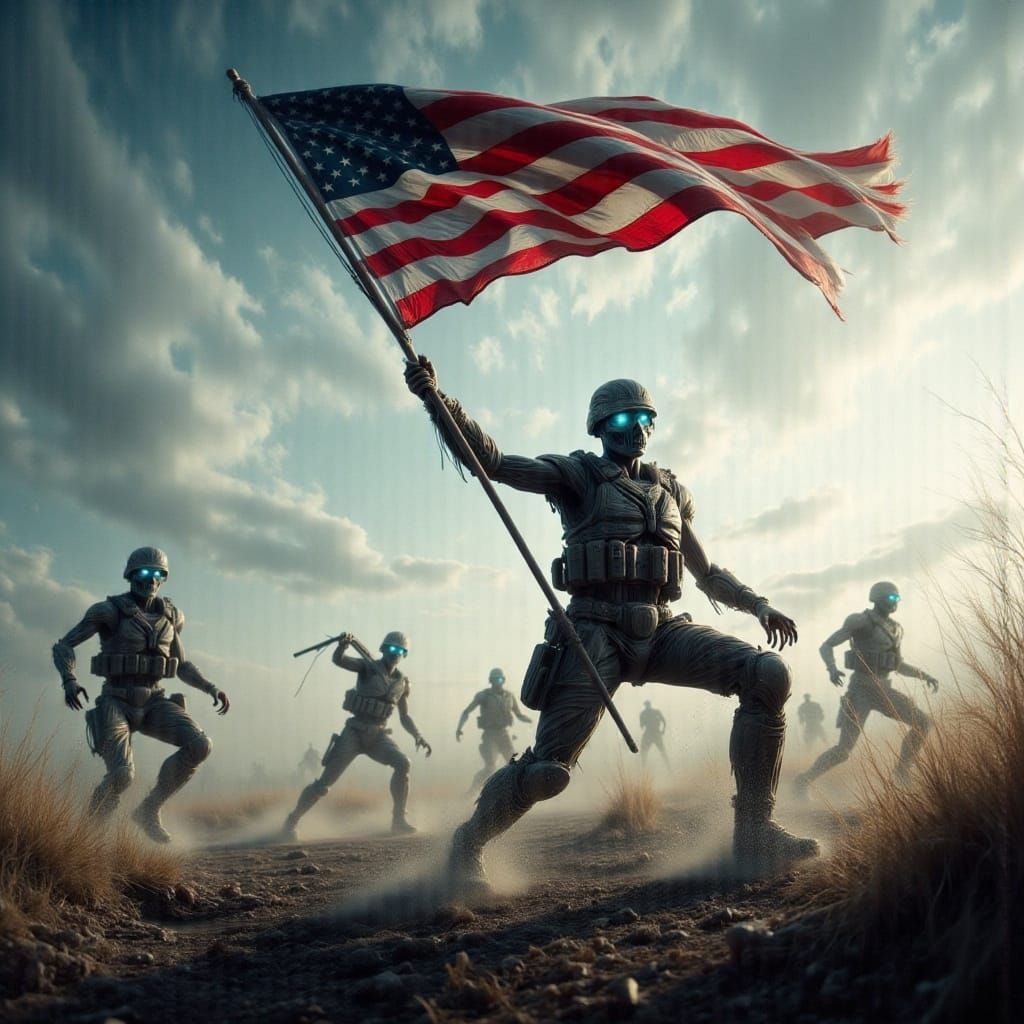 Cyberpunk-Inspired American Flag Waves Over Battlefield