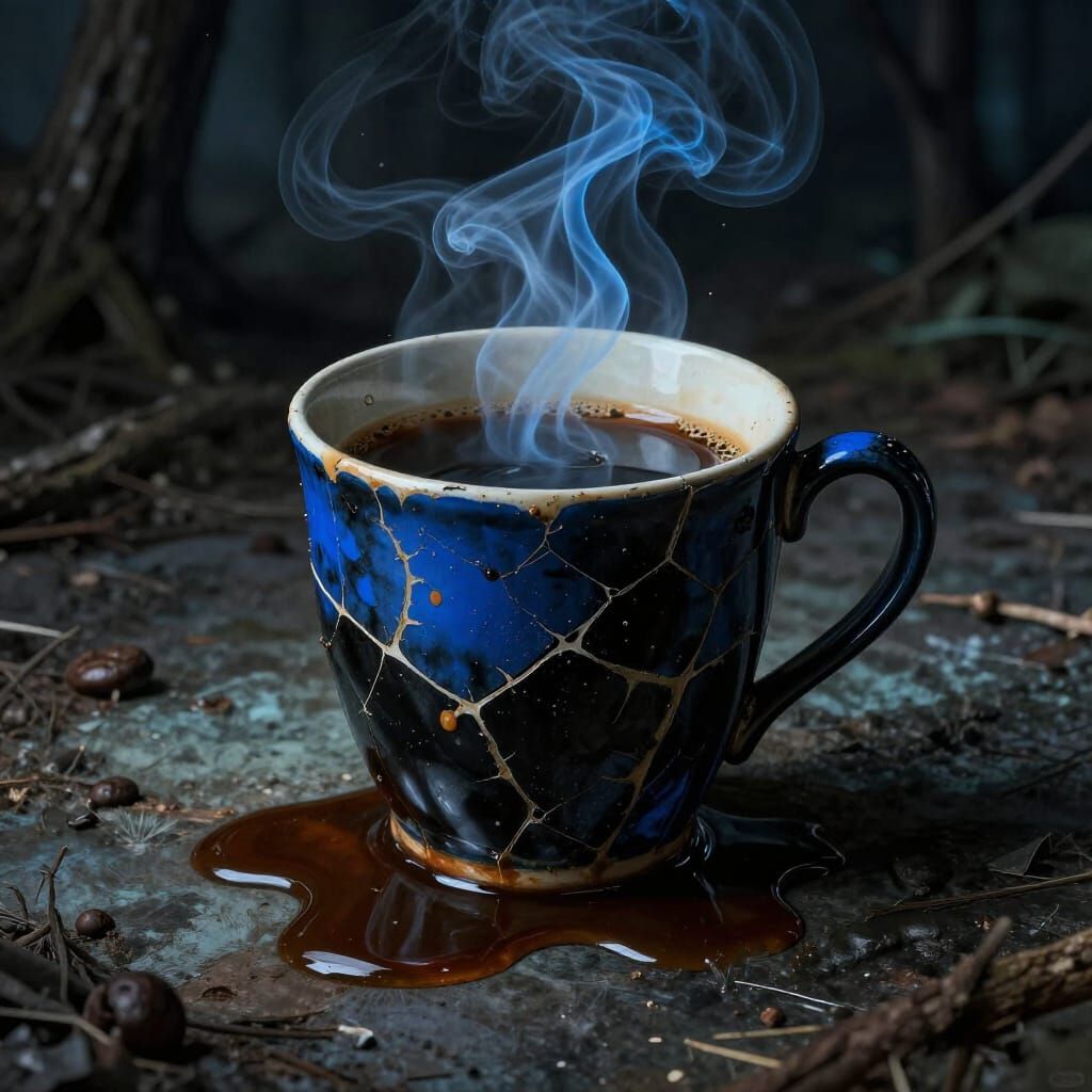 Cracked Coffee Cup Leaking in Spooky Setting