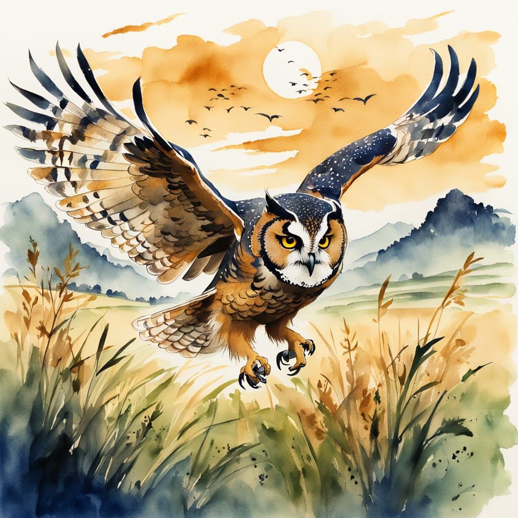 Spectacle Owl Soaring, Sumi-e Ink Painting