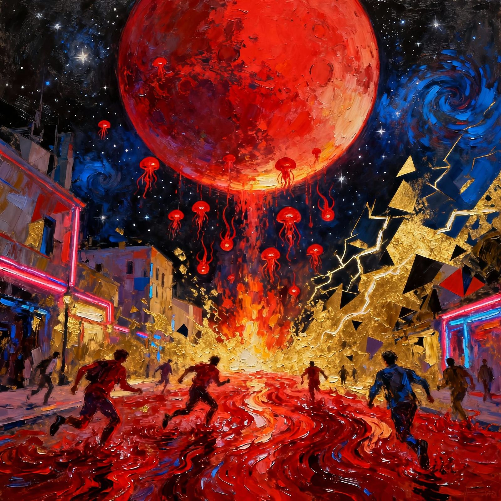 Crimson Planet Rains Alien Seedlings on Terrified City
