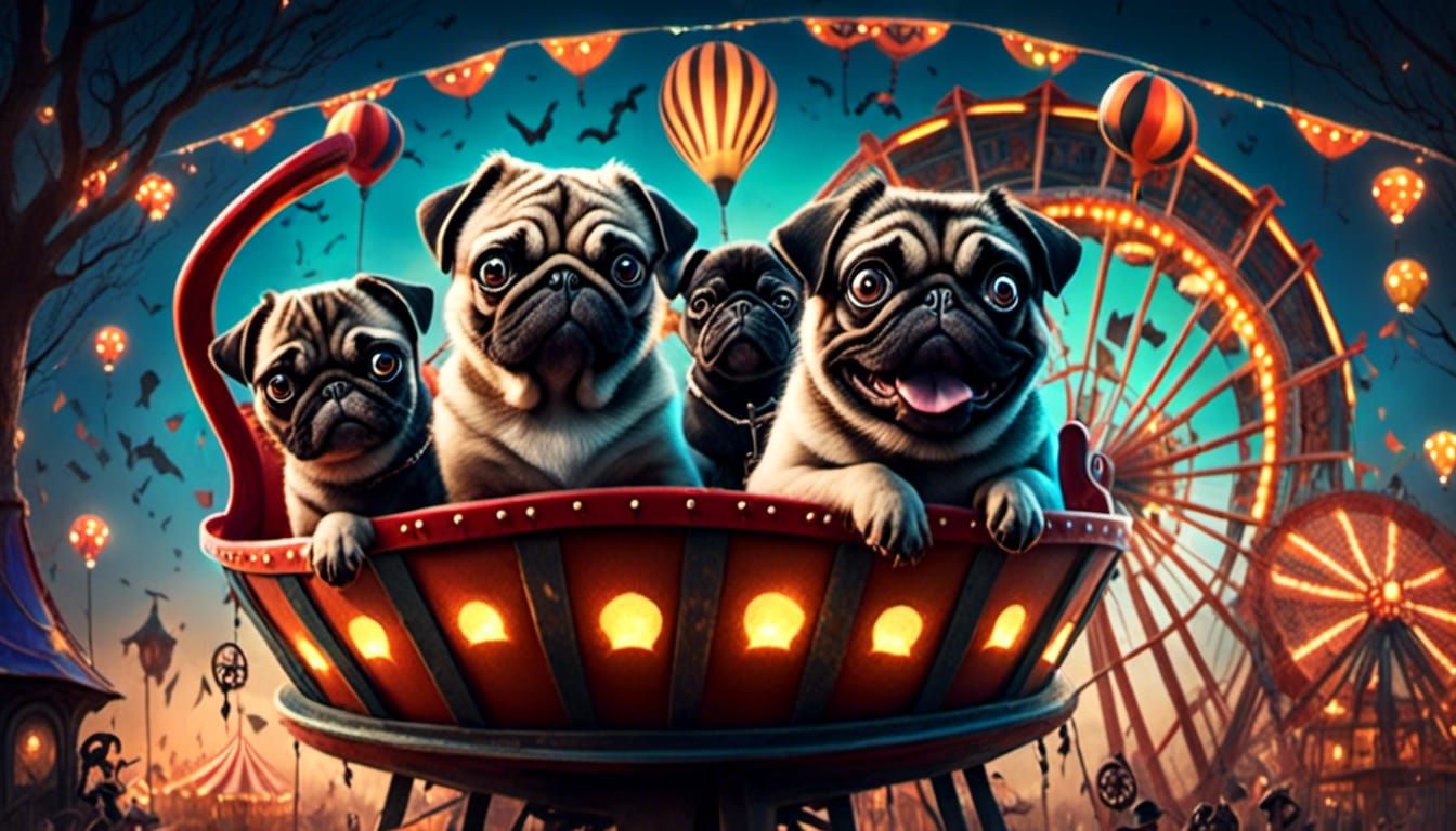 Pugs on a Spooky Carnival Ride