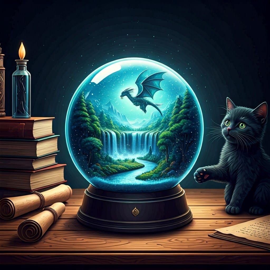 Enchanted Snow Globe with Angel Dragon, Abstract Vector