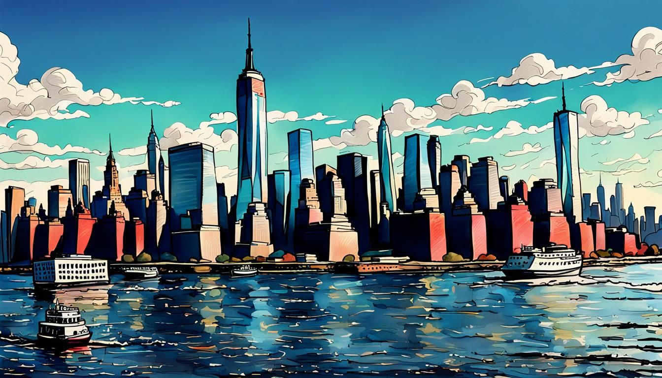 NYC Skyline from Ferry in Doodlepunk Style